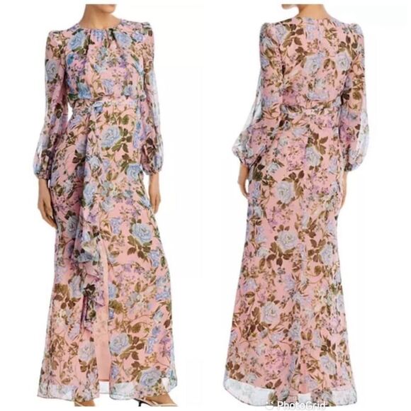 ELIZA J‎ Pink Floral Print Long Sleeve Maxi Dress Front Slit Size 4 6 8 10 New - Picture 3 of 14